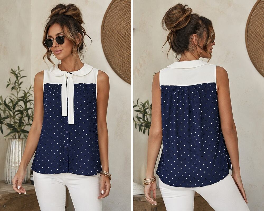Tulip B Womens Medium Navy Polka Dot Peter Pan Collar Tie Neck Blouse NWT